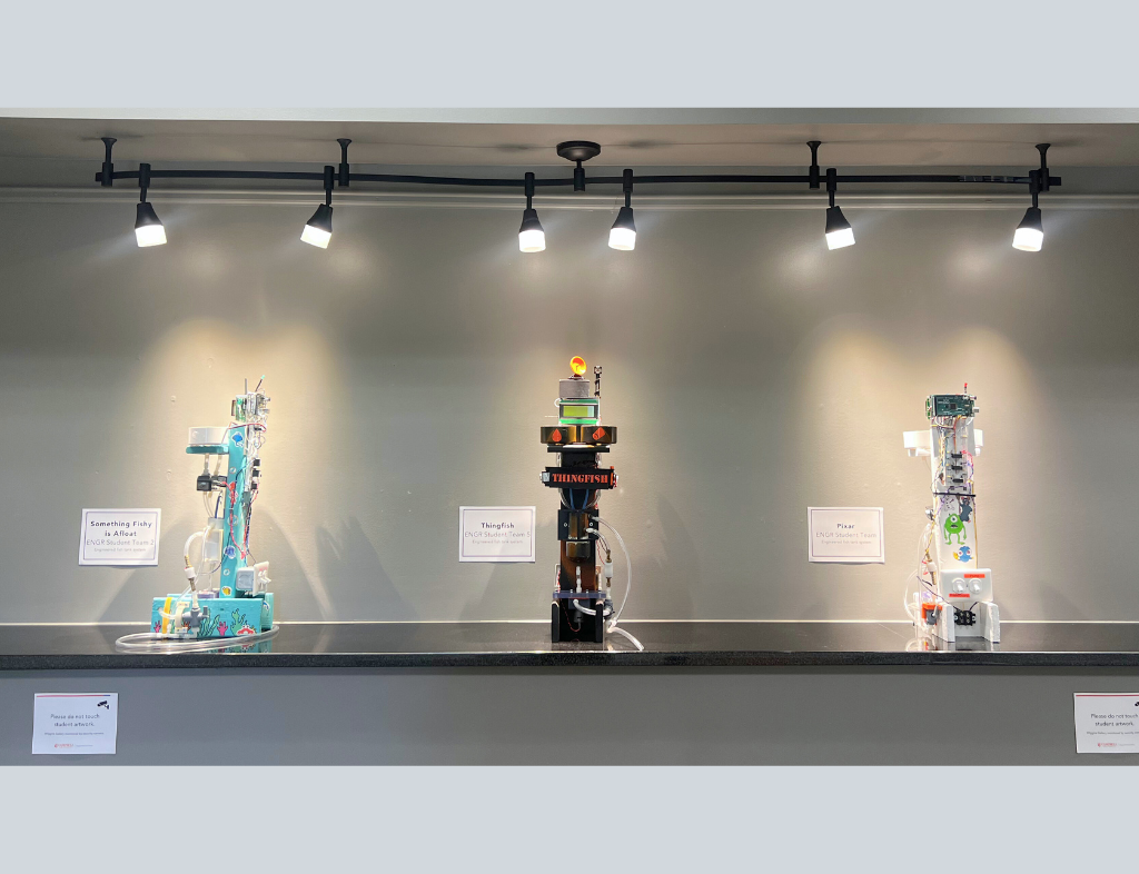 Full view of engineering student fishtanks: 'Something Fishy is Afloat,' Thingfish,' and 'Pixar.'